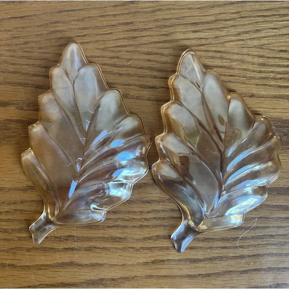 Set of 2 Vintage Marigold / Amber Leaf-Shaped Carnival Glass Candy Relish Dishes